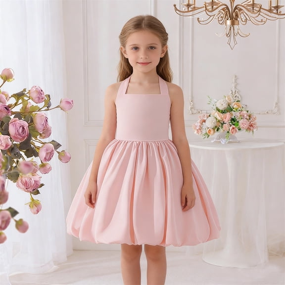 ZHOGXU Big Kids Girls Dress Sleeveless Halter Neck Solid Color Lace Up Comfortable Stylish Tutu Dresses For Holiday Celebration Formal Party Pink 7-8 Years