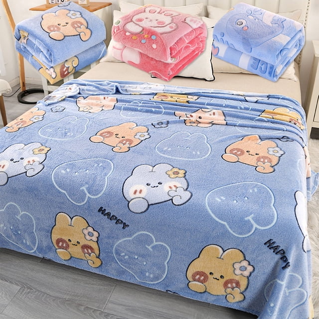 Manta Infantil de Franela Azul Gruesa para Invierno | Diseño Adorable de Conejo y Ballena | 150 X 100 Cm | Ideal para Dormitorios y Viajes | 300 G