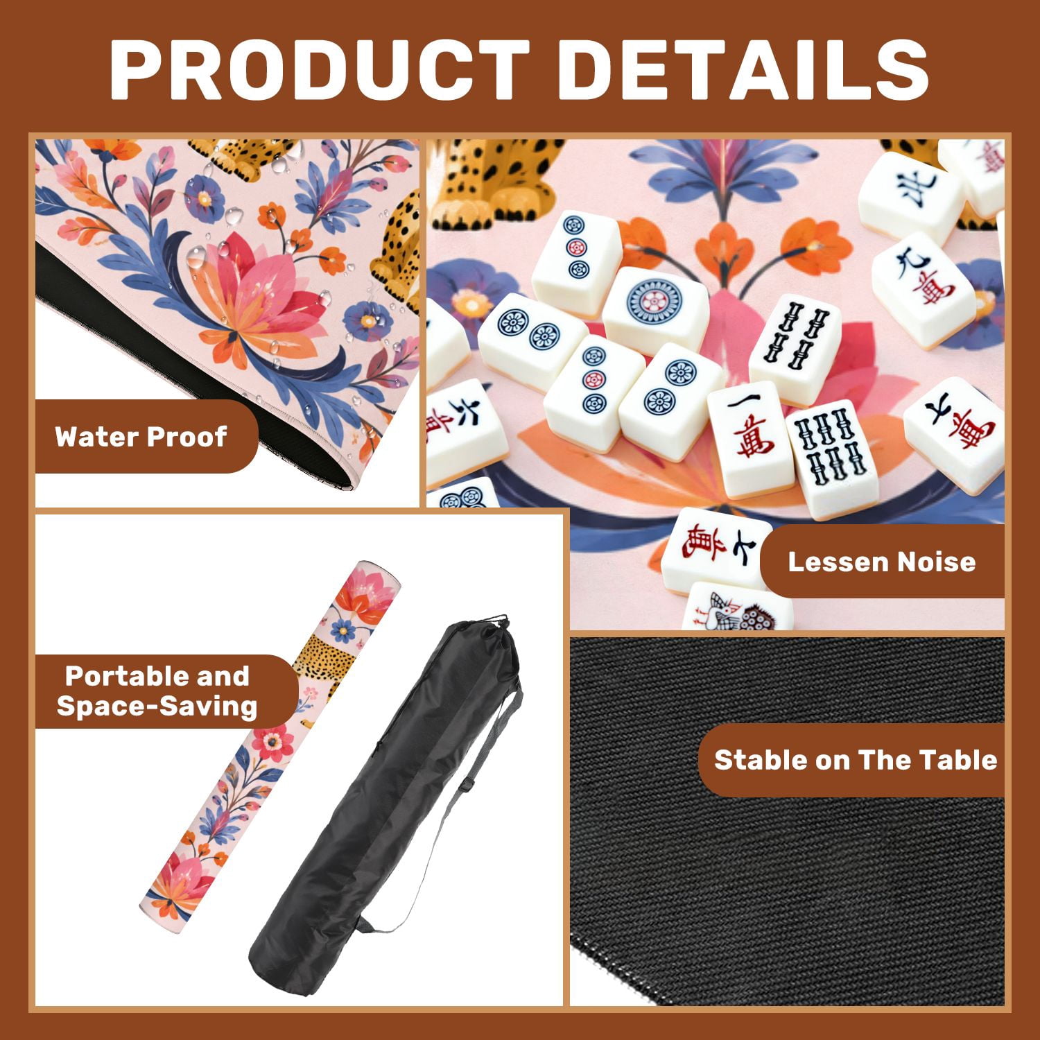 Mahjong Mat 31.5" x 31.5" Leopard Floral Vibrant Colors Pink Non-Slip Noise Reduction American Mahjong Tiles Table Cover for Dominoes Poker Card Board Games Gift
