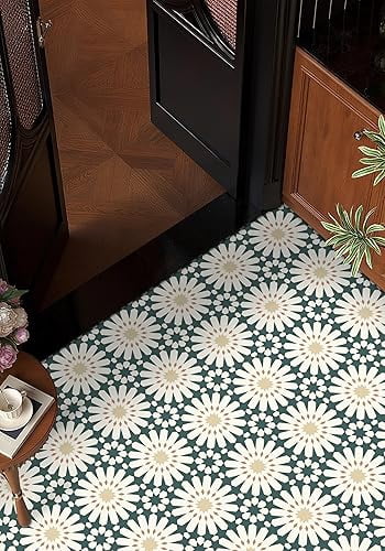MORCART Peel and Stick Floor Tile - 20 PCS, 7.87" x 7.87" Vinyl Flooring - Waterproof Self-Adhesive Tile Sticker for Wall Backsplashes, Bathroom, Kitchen - Green Floral Look