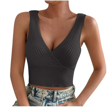 Up to 60% Off! pstuiky Crop Top, Women's Summer Sexy Halter V Neck Sleeveless Solid Color Backless Going out Crop Tank Tops Prime Day Deals Today Leasure Black M