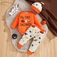 thumbnail image 5 of Ulanda Newborn Baby Boy First Halloween Outfit Ghost Pumpkin Printed Long Sleeve Romper and Pants Hat 3PCS Set (Red, 3-6 Months), 5 of 9