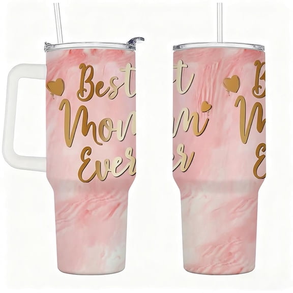 Stainless Steel Insulated Tumbler with Handle, Lid and Straw, Pink Marble “Best Mom Ever” Travel Cup