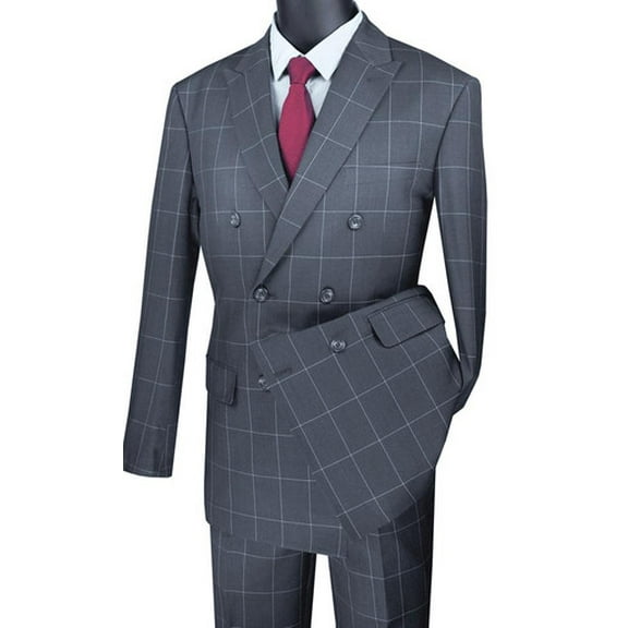Double Breasted Windowpane Suit Gray Checkered Modern Fit Vinci MDW-1