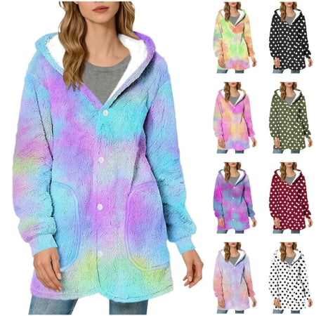QATAINLAV Long Hoodie Jacket for Women Cute Dot Print Fleece Winter Coat Casual Loose Button Down Loungewear with Pockets Red M