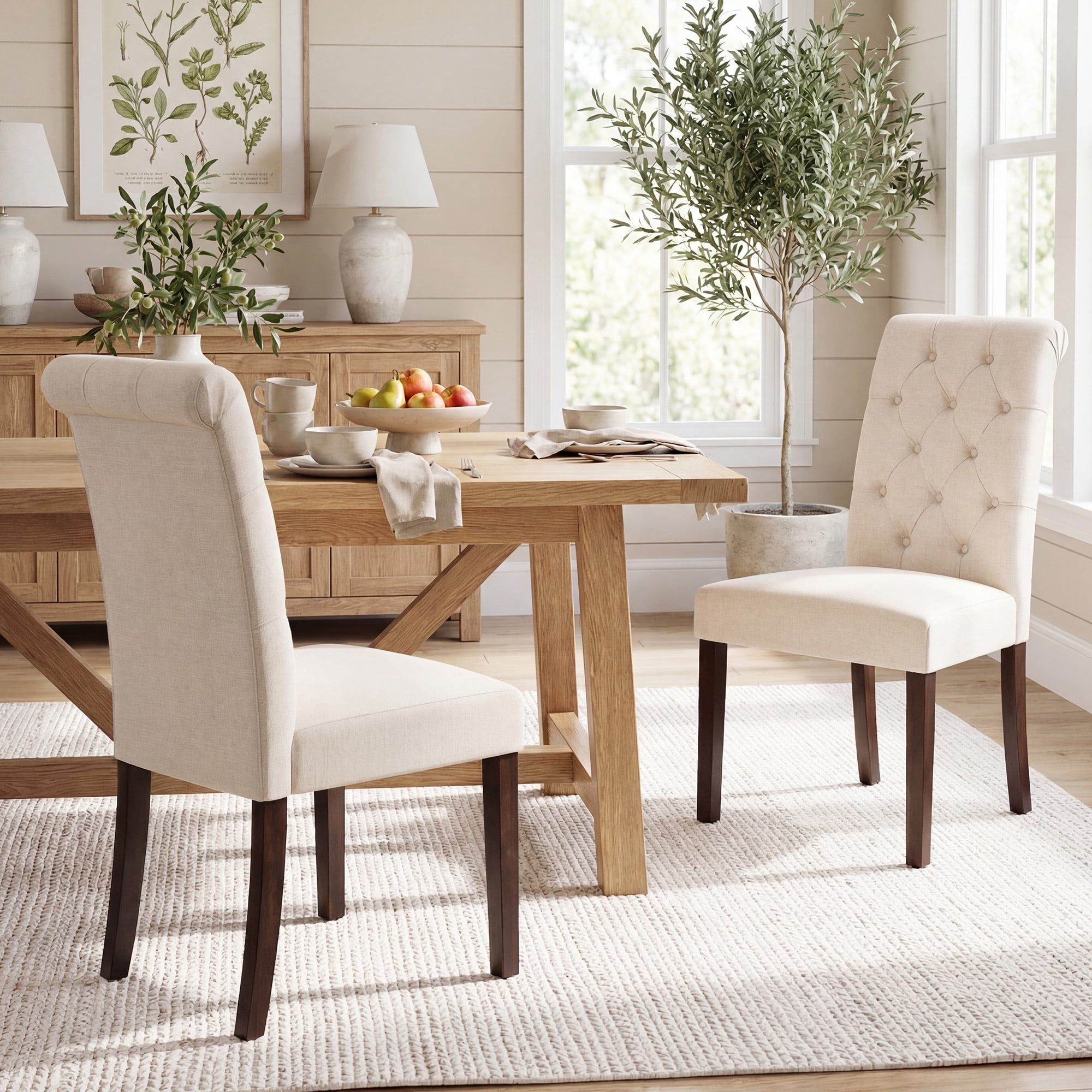 Upholstered Parsons Dining Chairs Set of 2, Button Tufted High Back Kitchen Side Chair for Dining Room, Beige