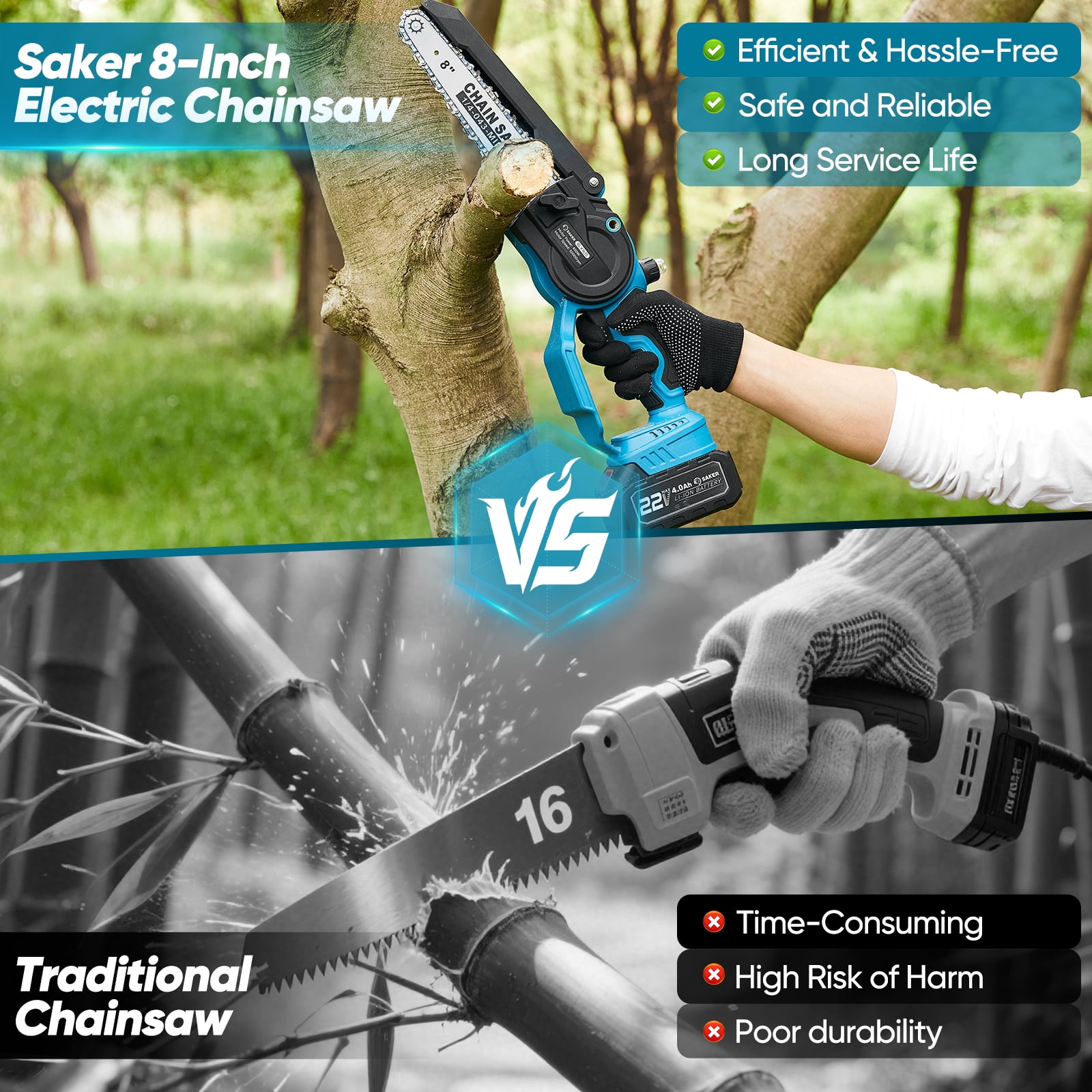 Saker 8 Inch Cordless Electric Mini Chainsaw, Portable Handheld Pruning Saw for Tree Trimming & Wood Cutting