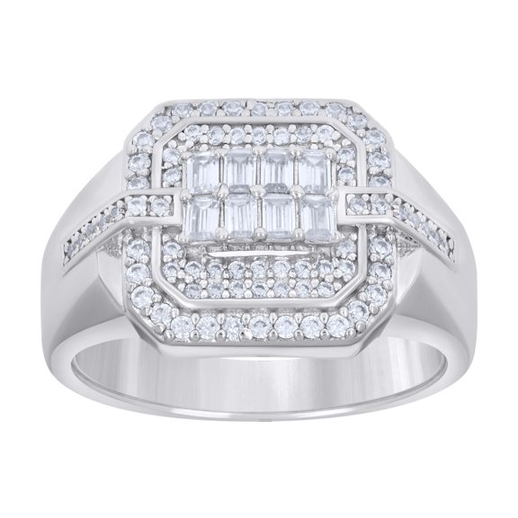 925 Sterling Silver Round & Baguette Cut Moissanite Men's Double Octagon Halo Cluster Pinky Ring 1.08 Ct. | Size 7