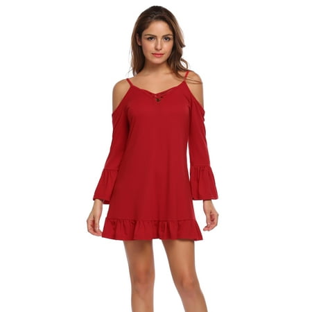 - Women Flare Sleeve V-neck Cold Shoulder Shift Dress Mini Loose Ruffl es Hem HFON