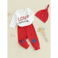 thumbnail image 3 of Kayotuas Heart-themed Baby Valentine’s Day Attire: Romper, Heart Print Pants, and Hat, 3 of 9