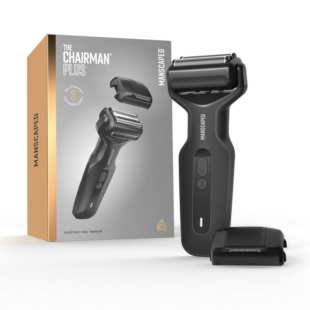 MANSCAPED® The Chairman™ PLUS Men’s Foil Shaver in black, featuring two interchangeable blade heads: a SkinSafe® three-blade foil for shaving up to three days of growth and a precision trimmer for sharp lines on the neckline, jawline, and sideburns. The shaver includes FlexAdjust technology, stainless-steel blades, and a detachable magnetic head for easy cleaning. Waterproof with an ergonomic grip and travel lock, it is displayed alongside its packaging and additional blade head.