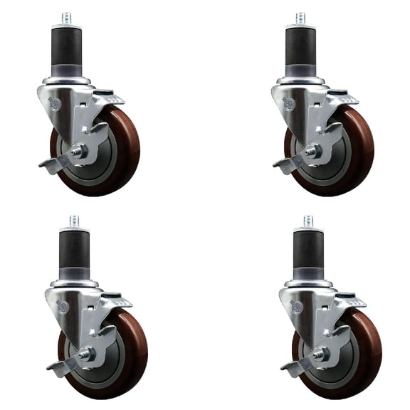 4 Inch Maroon Poly Swivel 1-5/8 Inch Expanding Stem Caster Set with Brake SCC
