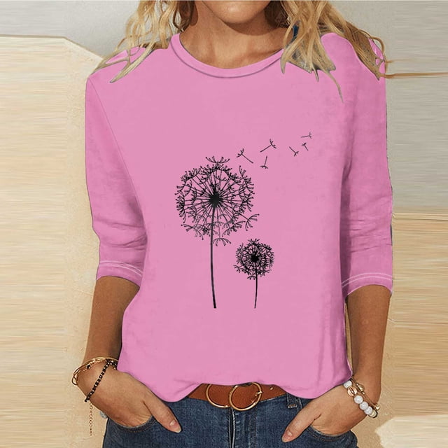 Mefallenssiah Blouses pour Femmes 2024 Mode Féminine T-Shirt Imprimé Manches 3/4 Blouse Col Rond Hauts Décontractés