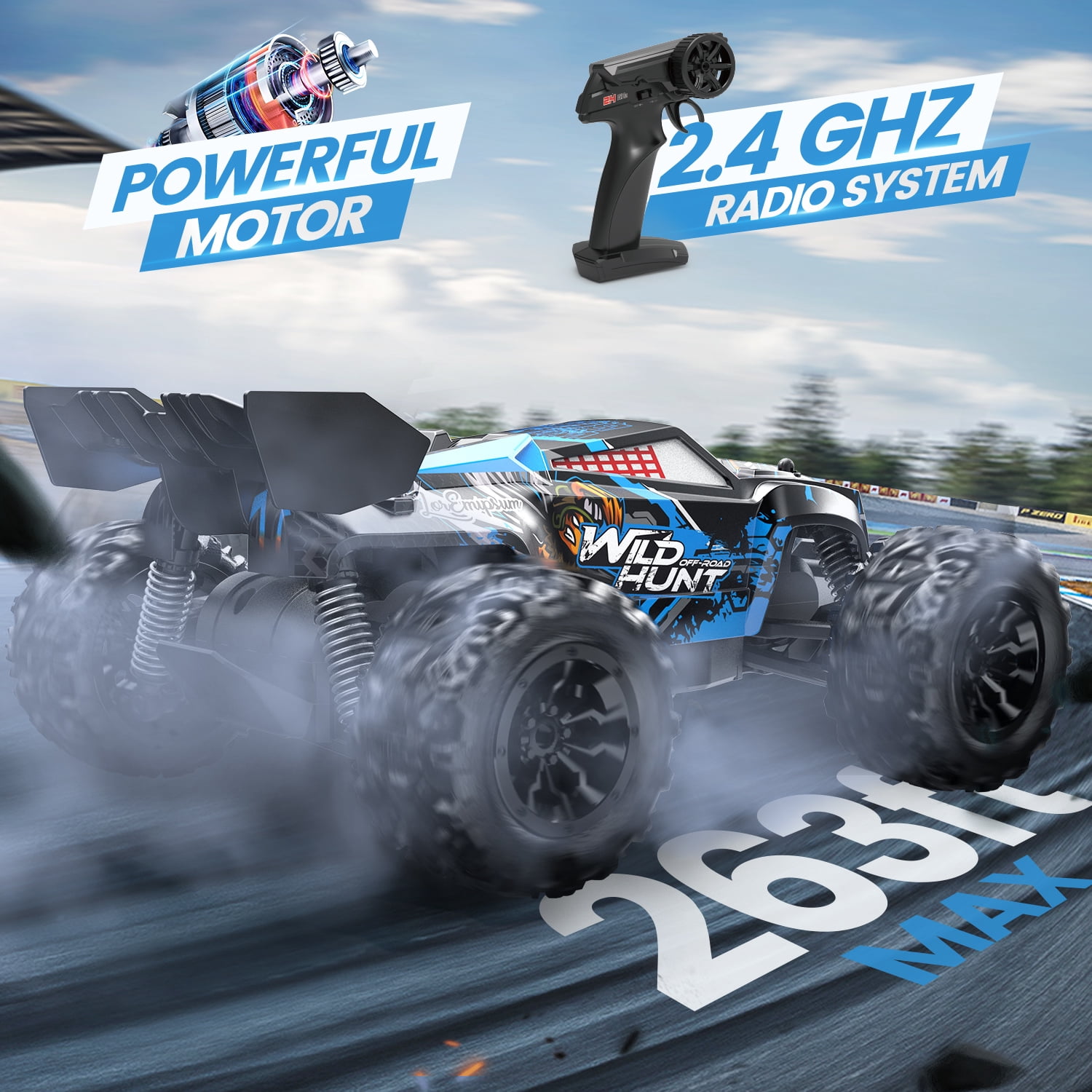 JoyStone Remote Control Car, 1:18 Remote Control Monster Truck All-Terrain 2.4GHz RTR RC Cars W/ 2 Batteries for Kids Toys Gift, Black & Blue