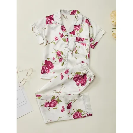 

GEDER-FAGirls Pajamas Family Outfit Flowers Print Lapel Short Sleeve Top & Pants Set Kids Clothes