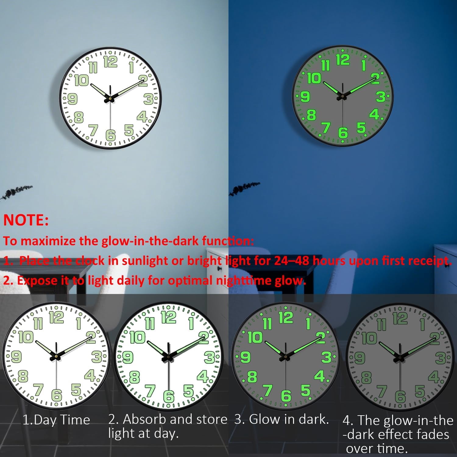 Glow in The Dark Wall Clock Non Ticking, 10 inch Silent Wall Clocks Battery Operated, Large Number Tempered Glass, Round Night Light Analog Clock for Bedroom Living Room Kitchen Office, White