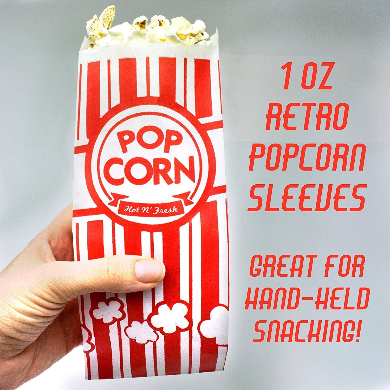 Great Movie Theme Party Supplies or Old Fashioned Carnivals /& Fundraisers! Popcorn Bags 100 Pack Coated for Leak//Tear Resistance Single Serving 2oz Paper Sleeves in Nostalgic Red//White Design