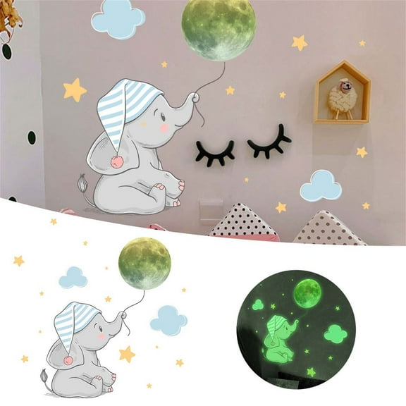 Wall Stickers Elephant Moon Star Night Light Wall Sticker Creative Fluorescent Wall Sticker Bedroom Decoration Sticker Self Adhesive Sticker,Blue Home Wall Stickers
