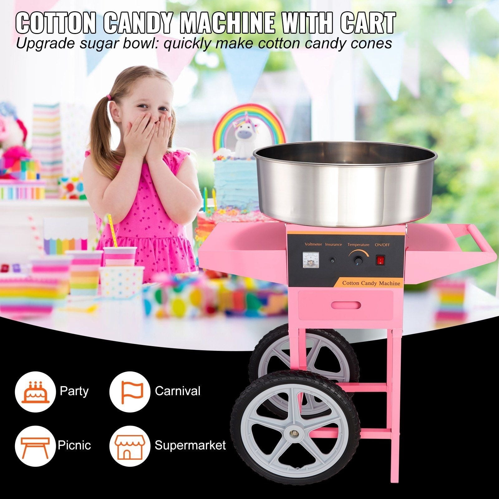 Cotton Candy Machine Commercial, 1000W Electric Floss Maker with Cart, Stainless Steel Bowl, Pink - for Parties, Kids, Home Use