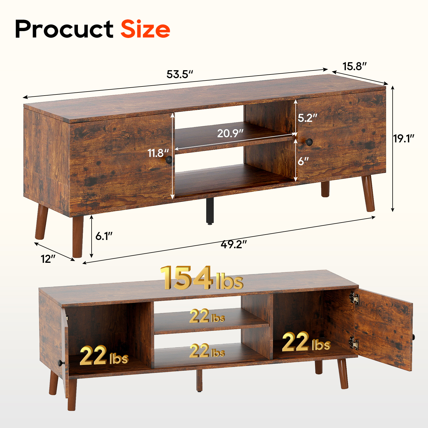 FDW TV Stand for 55 60 Inch TVs,with 2 Storage Cabinets and Open Shelves,Brown
