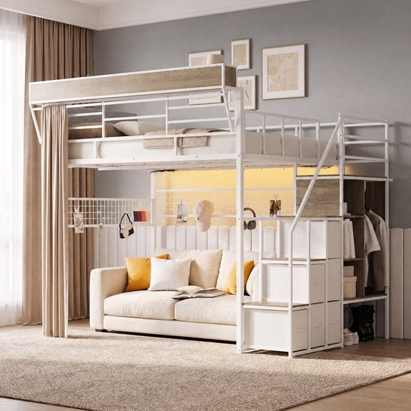 Advwin Full Size Loft Bed with Stairs & 23.6" Extra-Tall Guardrails, Upholstered Headboard, Bedside Shelf, Open Wardrobe, 3 Shelves, 6 Drawers & LED Lights, Metal Loft Bed Frame, White