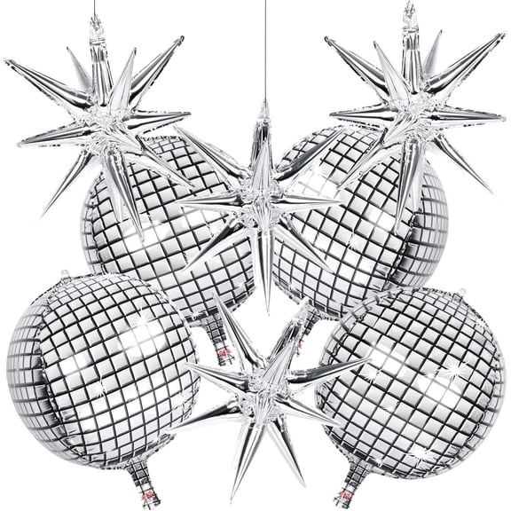 8 Pcs 22Inch Silver Disco Ball Ballons, 4D Large Foil Balloons with Metallic Star for 70s Disco Dance Diamond Birthday Party Graduation New Year