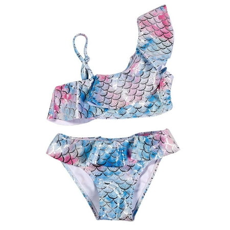 Toimothcn Swimsuit For Girls One Shoulder Casual Colorful Fish Scale Printed 2 Piece Bikini Set Quickly Dry Cover Up Swimwear 6-7 Years