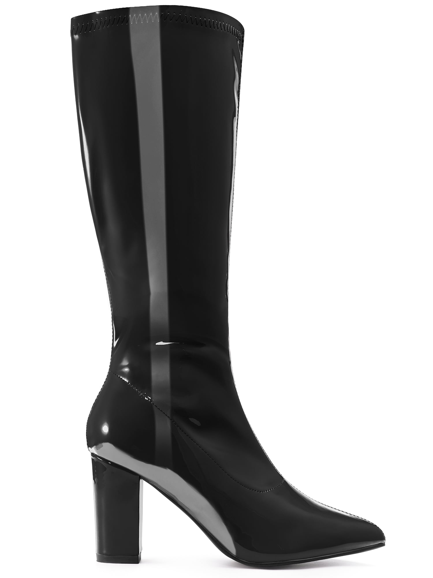 DARING DIVA Women's Go Go Boot Patent Leather Chunky Heels Knee High Boots Black 6