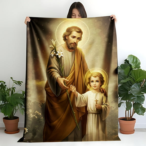 Jesus and Child Flannel Blanket - Divine Blessing with Lilies, Perfect for Christian Gifts