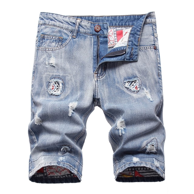 Mens Casual Pantalones Cortos Denim Lavado Desgarrado Cremallera Bolsillos Elásticos de la Cintura Pantalones de Mitad de Longitud para Diario