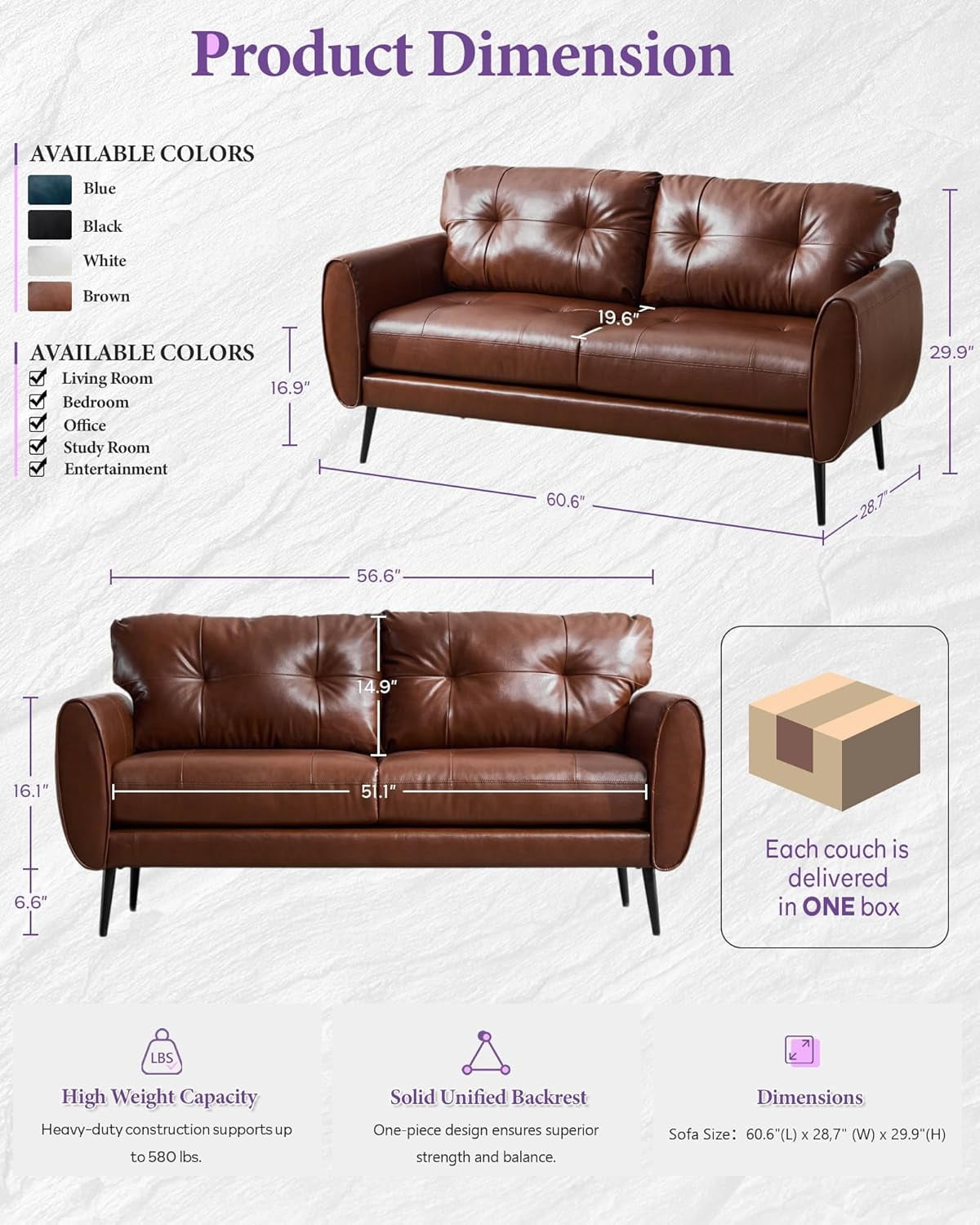 LAZZO 61" Faux Leather Loveseat, Mid Century Modern Tufted 2-Seat Sofa for Small Spaces, Brown