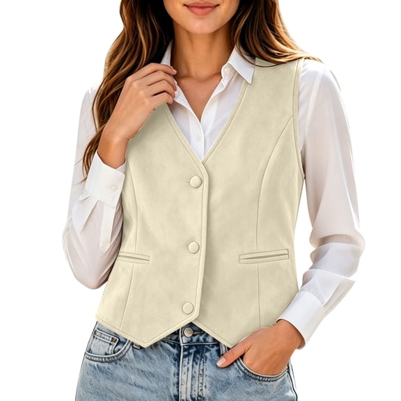 PRINxy Women's V Neck Single Breasted Tailored Slim Fit Suit Vest With Faux Pockets Cropped Outerwear For Office Work Beige M