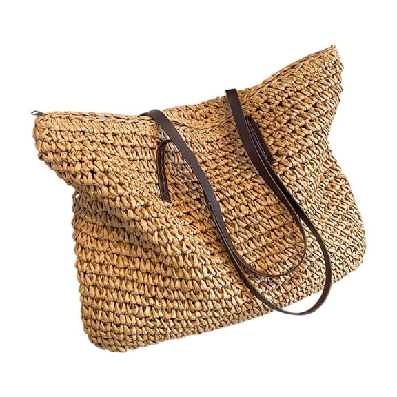 Linnome Large Hollow Woven Straw Tote Bag Wide Leather Shoulder Straps Summer Beach Vacation Shoulder Handbag for Daily Shopping Travel Outdoor Small Item Storage