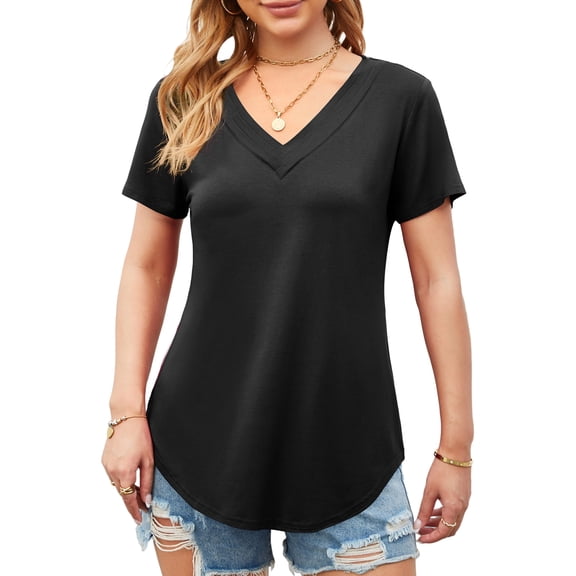 Fancyglim Womens V-Neck Short Sleeve Shirt Curved Hem Long Tops, Black L