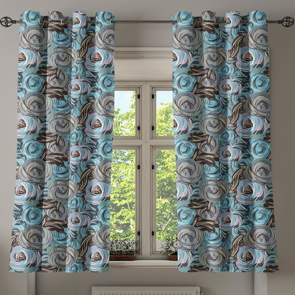 Ambesonne Garden Art Grommet Curtain, Botanical Roses Bouquet, 50" x 54", Cadet Blue Pale Pink
