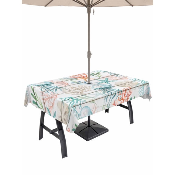 Outdoor Tablecloth with Umbrella Hole for Patio/Picnic/Party, Teal Red Jellyfish Coastal Waterproof Table Cloth Rectangle Table Cover Washable, Vintage Beach Coral Starfish Nautical (60"x 102")