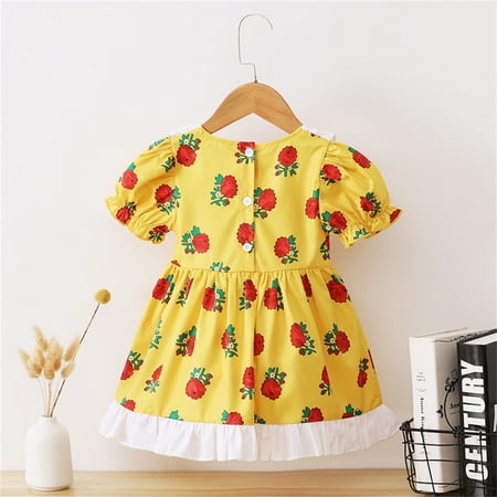 

kpoplk Toddler Dresses Toddler Kids Girls Floral Rose Sleeveless Ruffle Sleeve Beach Dress Princess Clothes Little Girl Dresses(Yellow)