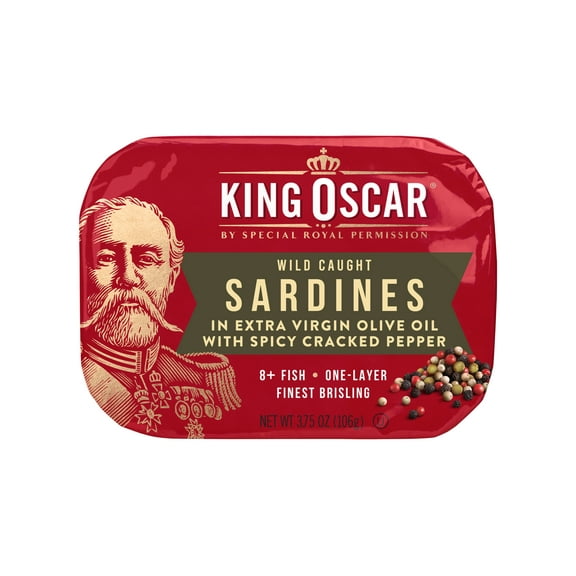 King Oscar Wild Caught Sardines in Extra Virgin Olive Oil with Spicy Cracked Pepper, Wild Caught, Gluten Free, Shelf Stable Tin Can, 3.75 oz