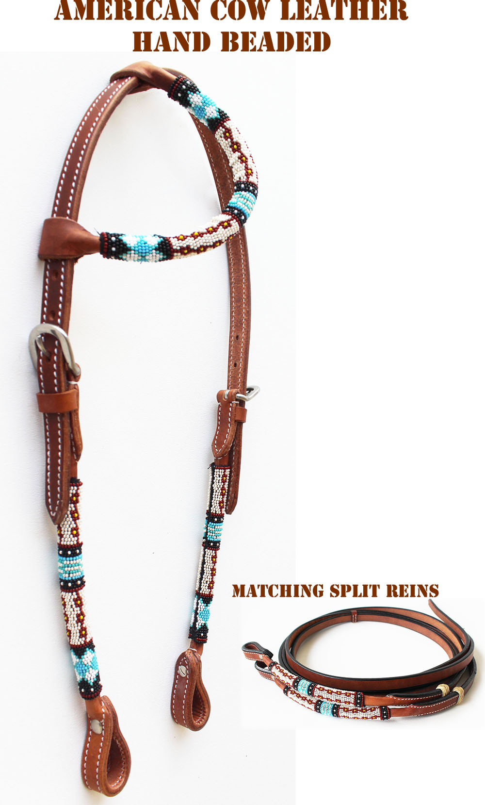 Horse Show Bridle Western Leather Headstall Beaded One Ear Reins Combo