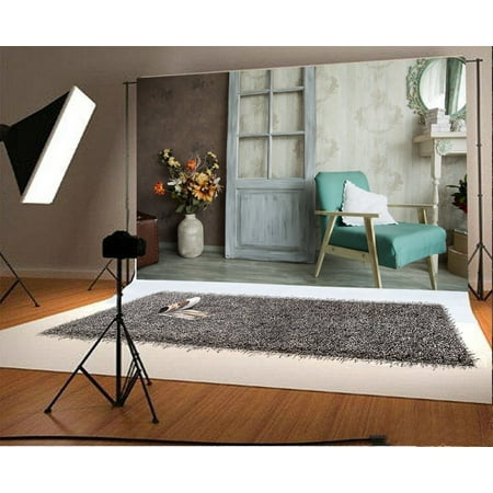 Image of Polyester 7x5ft Photography Backdrop Shabby Chic Interior Decorations Vase Mirror Chair Wooden Door Photo Background Children Baby Adults Portraits B