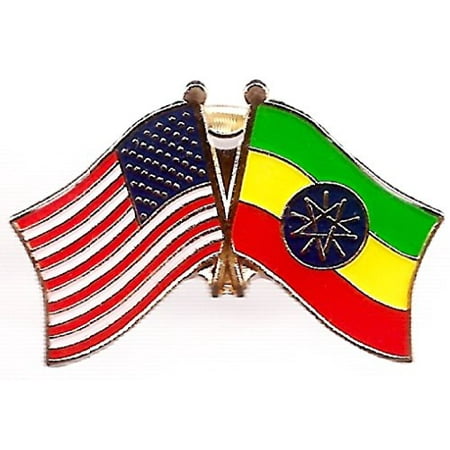 Double Circle Brooch - BOX of 12 Ethiopia & US Crossed Flag Lapel Pins, Ethiopian & American Double Friendship Pin Badge