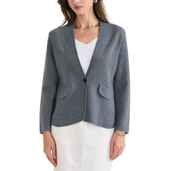 INSPIRE CHIC Women's Collarless Blazer Long Sleeve One Button Business Office Blazers Jacket S Grey