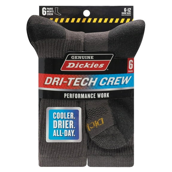 Dickies Men's Dri-Tech Crew Sock, 6 Pack Charcoal Size 6-12