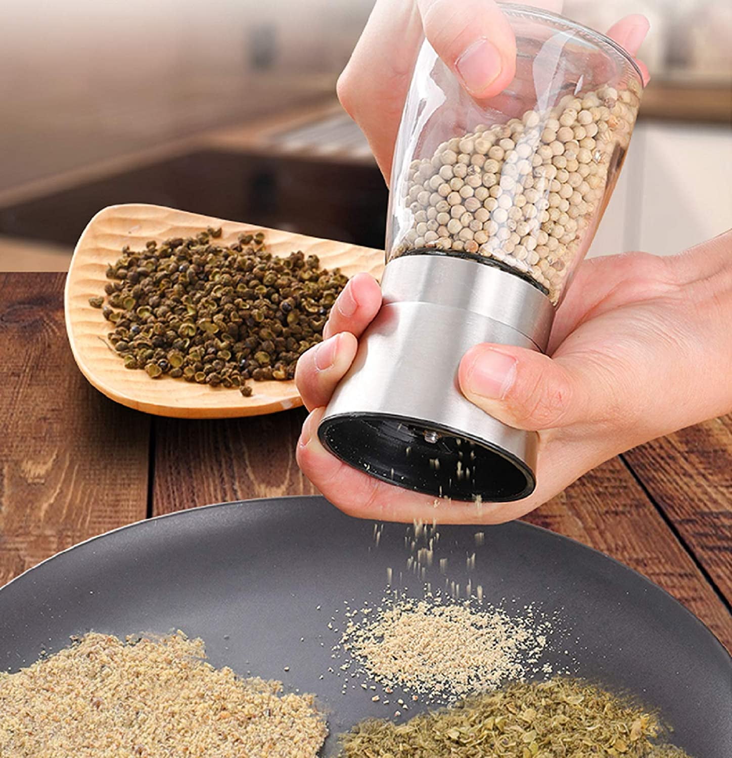 Salt and Pepper Grinder Set with Wooden Tray Refillable Stainless Steel Adjustable Coarseness Compact Glass Spice Mills