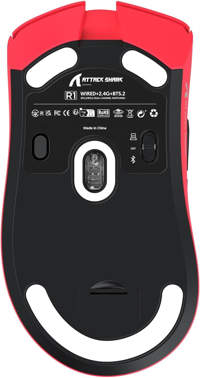 ATTACK SHARK R1 SUPERLIGHT Mouse with Tape, PixArt PAW3311 Gaming Sensor, BT/2.4G Wireless/Wired Gaming Mouse, 6 Adjustable DPI up to 18000, 65 Hrs Battery, Office Mice for Win11/Xbox/PS/Mac