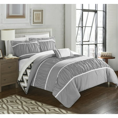 Comforters With Ruffles Chic Home 4-Piece Brooks Pleated & Ruffled with Chevron REVERSIBLE Backing Full/Queen Comforter Set Grey Shams and Decorative Pillows included ()