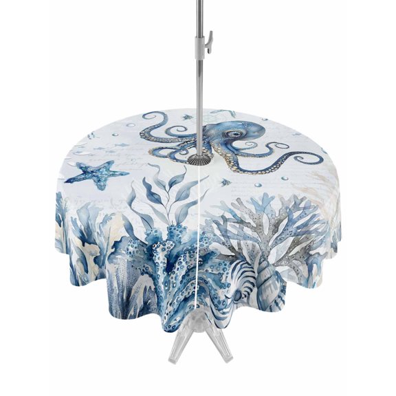 Outdoor Tablecloth with Umbrella Hole for Patio/Picnic/Party/Camping, Blue Coastal Octopus Waterproof Table Cloth Round Cover Washable, Summer Ocean Sea Coral Shells Texture (Dia 60")