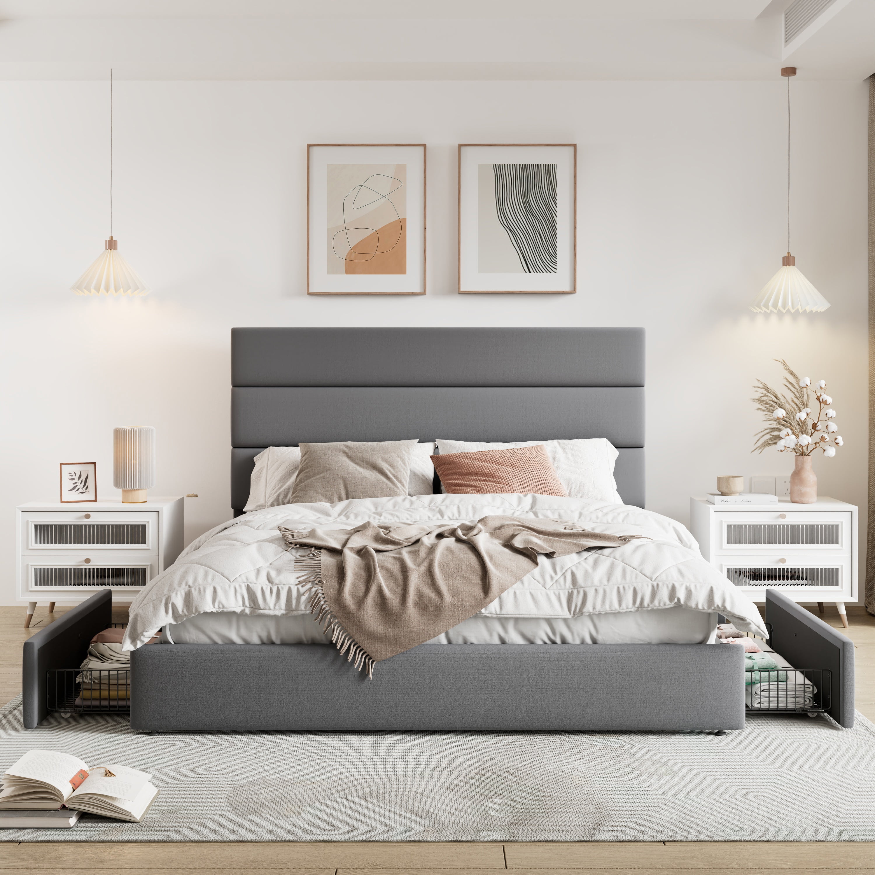 Allewie Modern Queen Size Platform Bed Frame with 4 Storage Drawers and Velvet Upholstered Headboard, Wooden Slats Support, Grey
