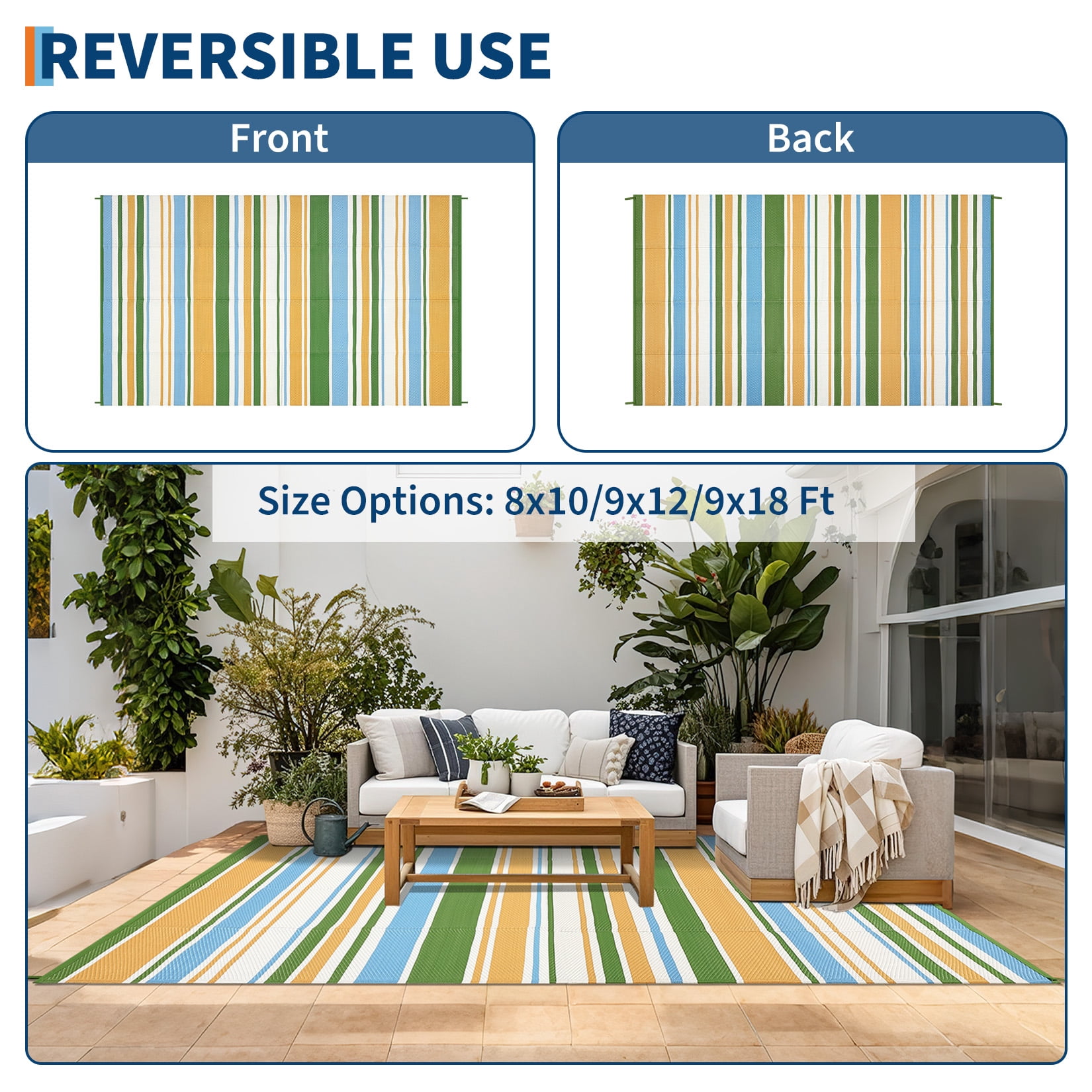 HIWEAVER 9' x 12' Blue Outdoor Rug PP Plastic Straw Woven Waterproof Patio Rug with Border Portable Outside Carpet for Balcony Deck Picnic Garden Decor