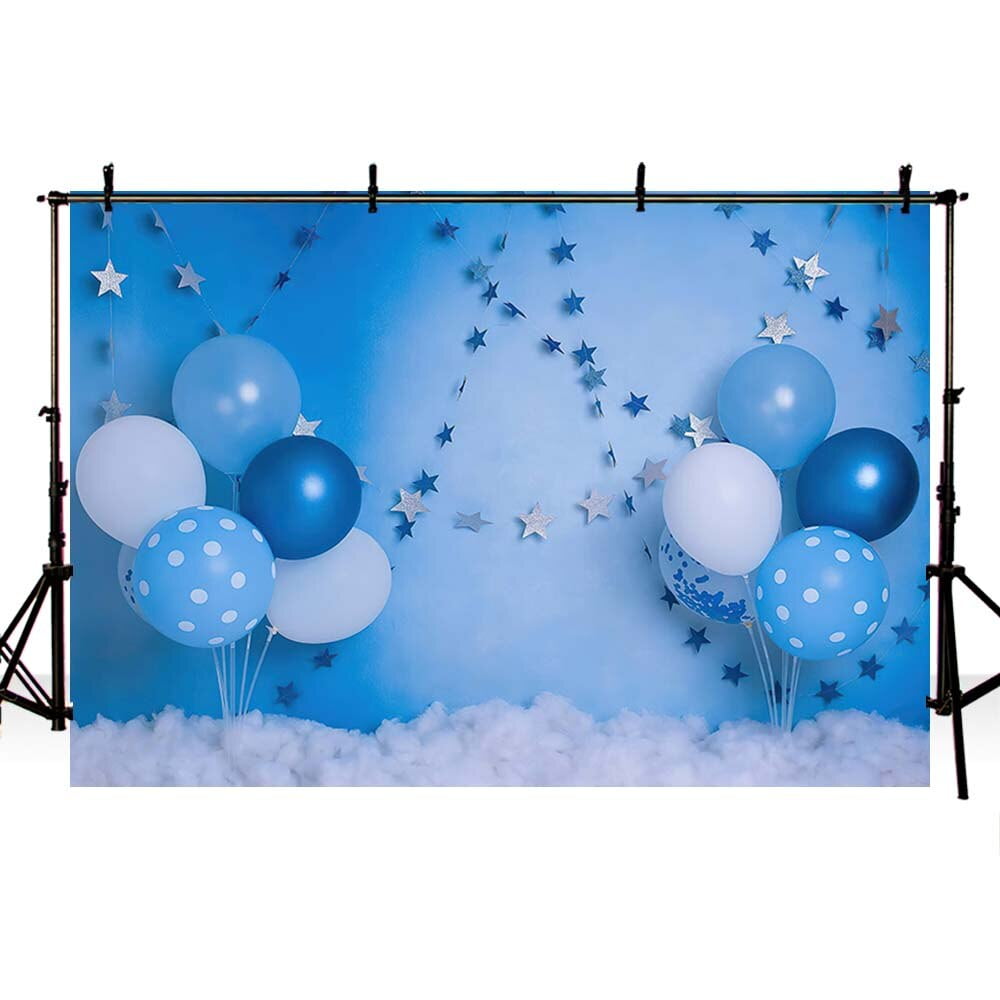 Boy Birthday Backdrop Decor Blue Balloons Silver Stars Cake Smash
